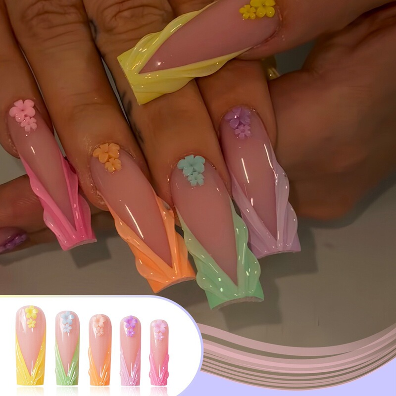Cross-Border Hot-Selling Macaron Gradient Three-Dimensional Carved Wearable Manicure Set French Glue Edge Fake Nails