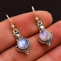 wish hot sale new moonstone retro earrings European and American fashion imitation Thai silver rainbow gemstone ear hook jewelry