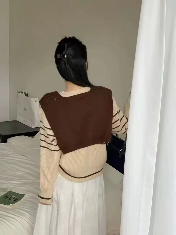 韩版海领围巾慵懒风条纹套头毛衣女宽松设计感针织衫秋冬新款百搭|undefined