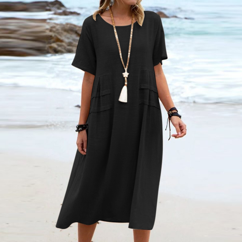Robe d'été décontractée pour femme, coupe ample, col rond, manches courtes, longueur mi-longue, en coton et lin, couleur unie_voghion.com