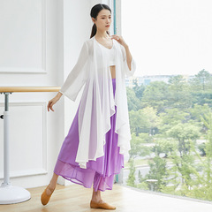 Long flowing traditional Chinese-style classical dance dress with a long silk robe, open top dance training top, women's performance attire.