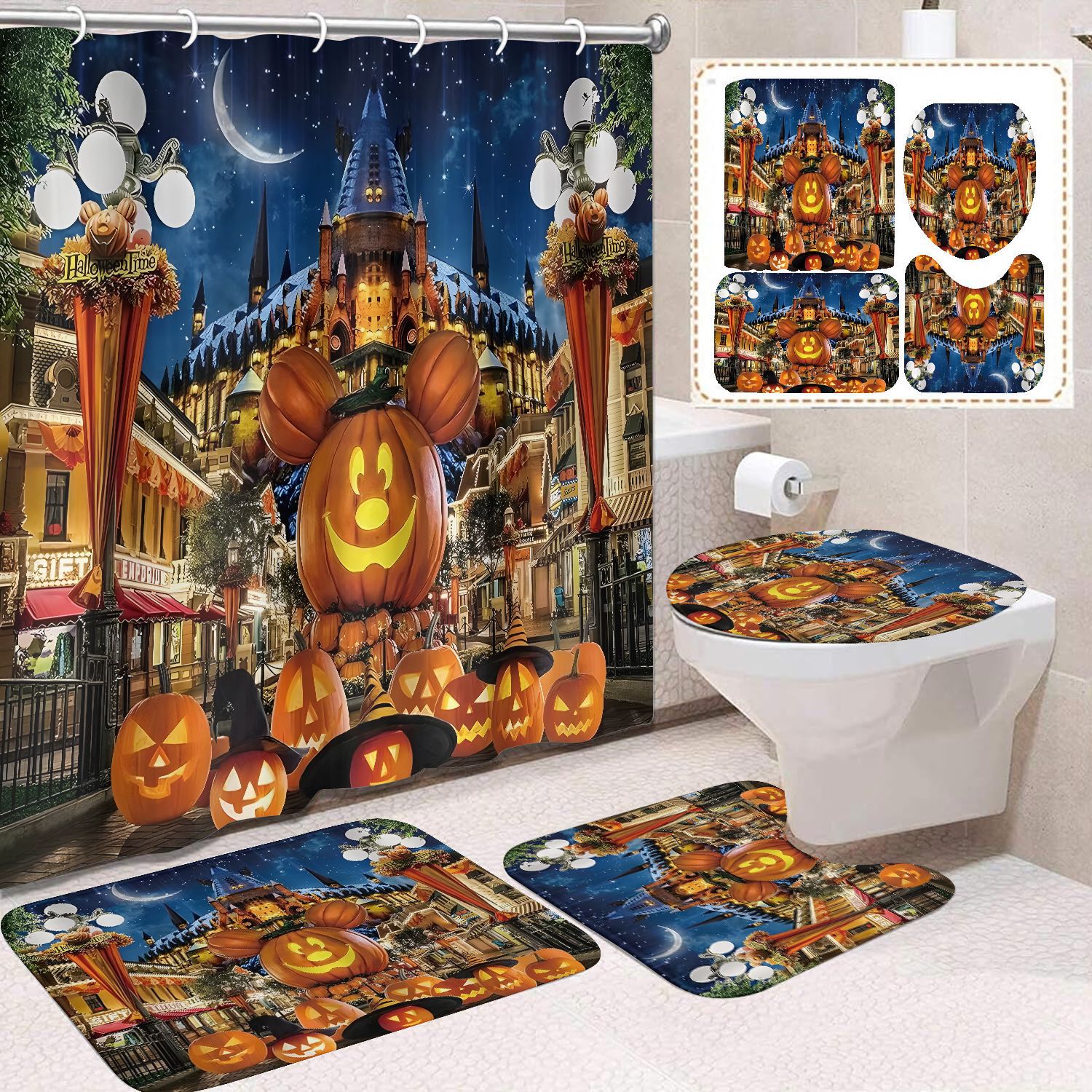 Cortina de ducha de Acción de Gracias, cosecha de otoño, serie de calabaza, cortina de ducha, cortina de baño, cortina de baño impermeable de poliéster, cortina de baño de cuatro piezas image 57