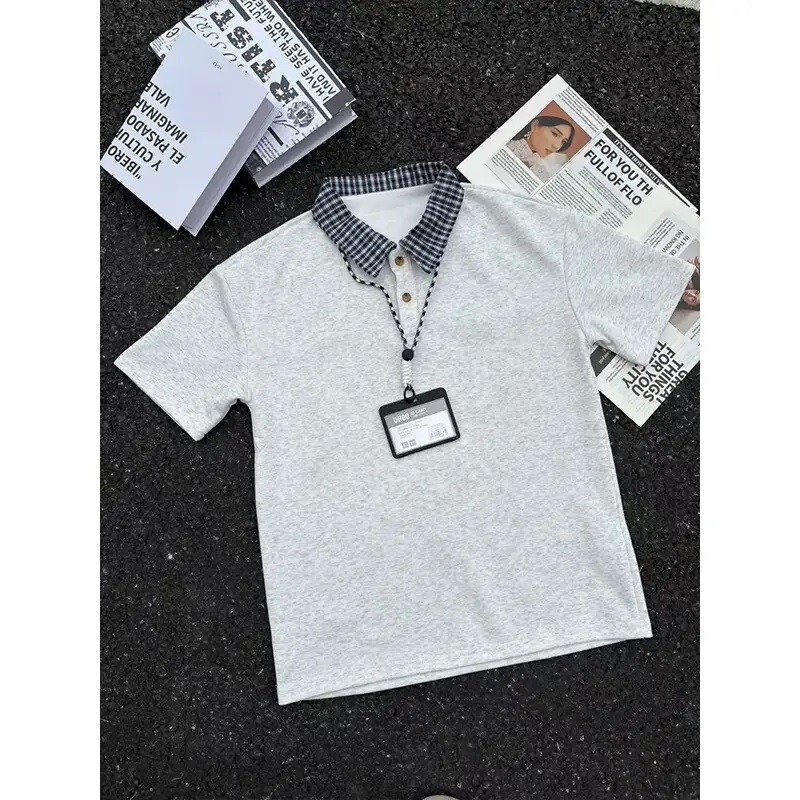 Gray Faux Two-Piece Plaid Patchwork Polo Shirt Short-Sleeved Men's Summer Cleanfit American-Style Simple Right-Shoulder T-Shirt Gray Faux Two-Piece Plaid Patchwork Polo Shirt Short-Sleeved Men's Summer Cleanfit American-Style Simple Right-Shoulder T-Shirt