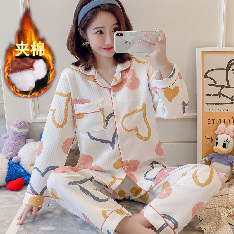 Pajamas Women's Autumn and Winter Sandwich Thickened Cotton Long Sleeve Air Cotton Women's Home Clothes Warm Moon Clothes Women's suit