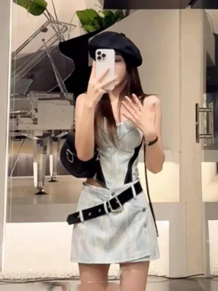 Bộ hai mảnh áo hai dây phối quần ống rộng phong cách lạnh giá mùa hè — Màu xanh lam nhạt