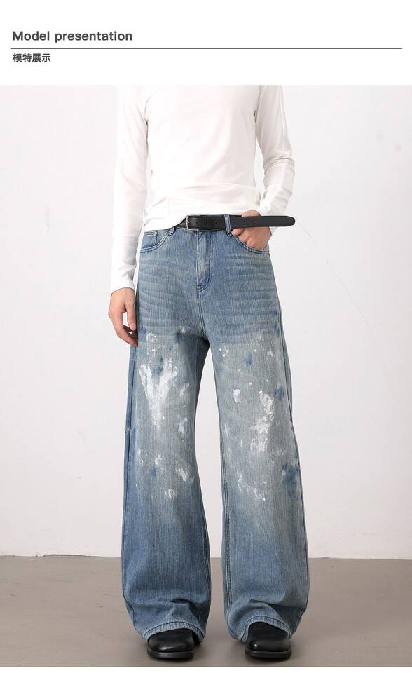 Quần jeans nam ống rộng dáng thẳng phong cách Hàn Quốc, họa tiết vẽ tay độc đáo — Màu xanh dương chi tiết 9