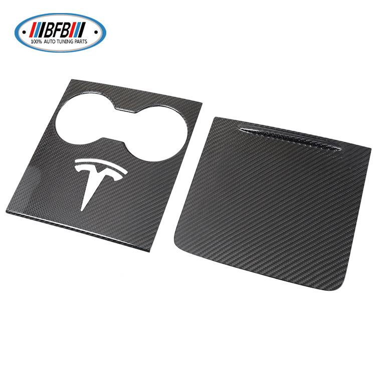 100% Real Carbon Fiber Center Console Panel Cup Holder Cover Storage Box Lid - For New Tesla Model Y and Model 3