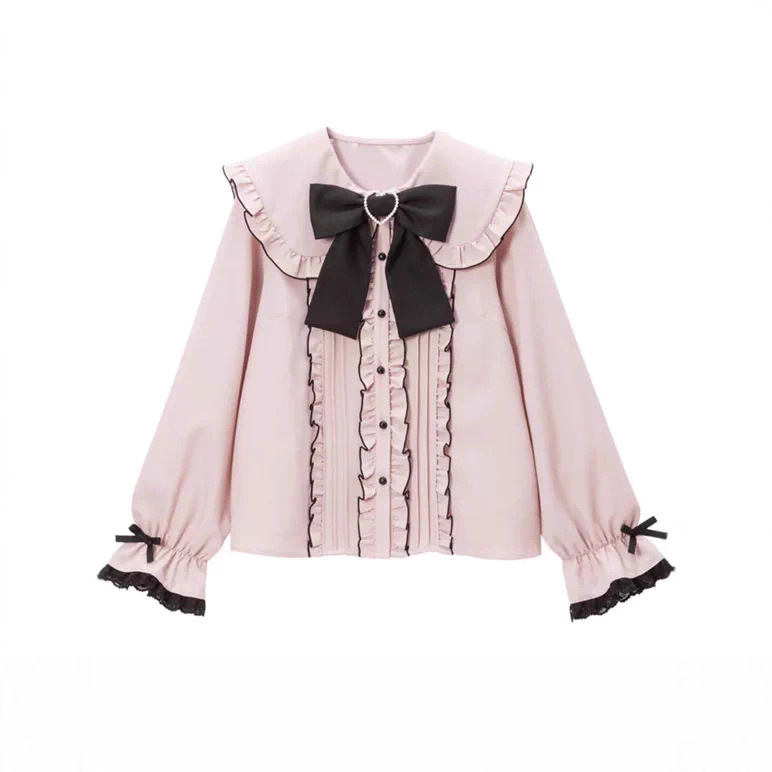 Cross-Border European and American New Foreign Trade Cute Versatile Japanese Style Large Bow Ruffled Long-Sleeve Shirt Top Women's Clothing