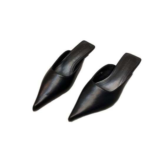 Baghou Half Slippers for Women, Summer Fashion, Versatile Black Pointed-Toe with Thin Heel, Small Heel Women's Shoes, Try-on Stylish Slim-Fit Cool Slippers, Plus Size