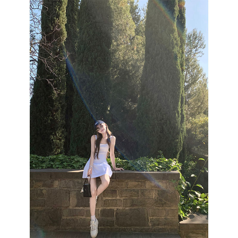 Yuyureal White Lover Design Pleated Square Neck Suspender Dress Women's Summer Waist Short Skirt