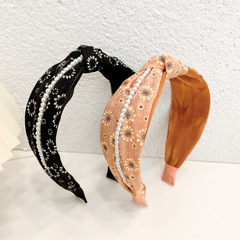 韓版時尚新品發箍純色布藝小碎花頭飾發卡女士珍珠鏈打結頭箍F801