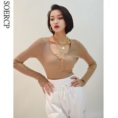 歐美秋冬新V領排扣少女純色內搭長袖辣妹修身顯瘦打底連體衣女