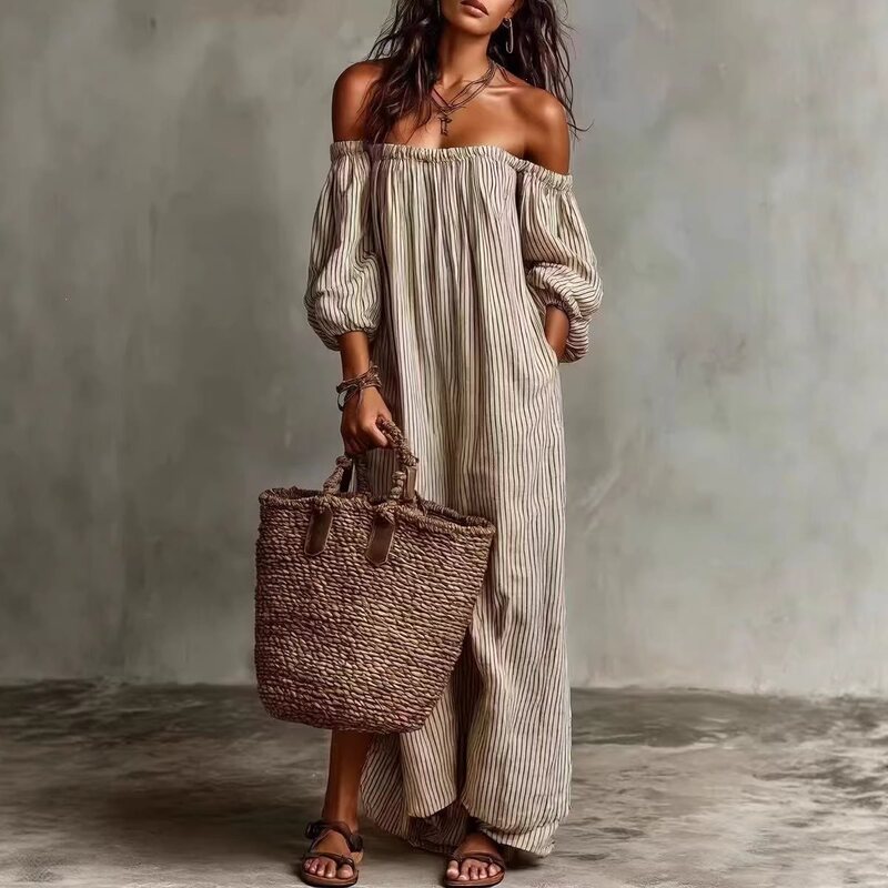 2026 European and American Amazon Independent Site Wish Cross-Border Spring and Summer Women's Striped Off-Shoulder Long Dress 2026 European and American Amazon Independent Site Wish Cross-Border Spring and Summer Women's Striped Off-Shoulder Long Dress