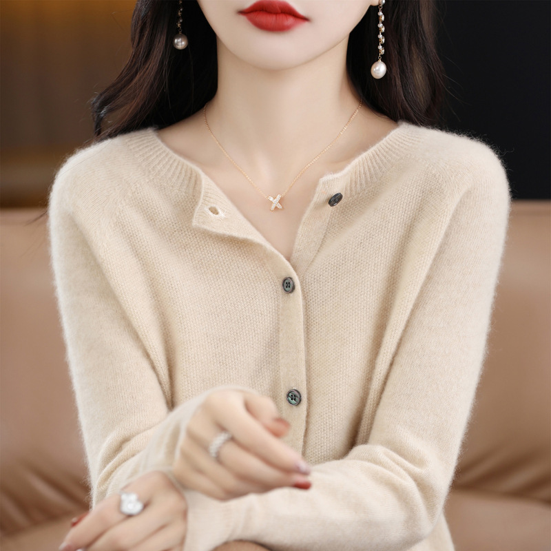 秋装新商品100% 純ウールカーディガン女性セーターコート一線成衣ゆるい長袖ニット上着薄い|undefined