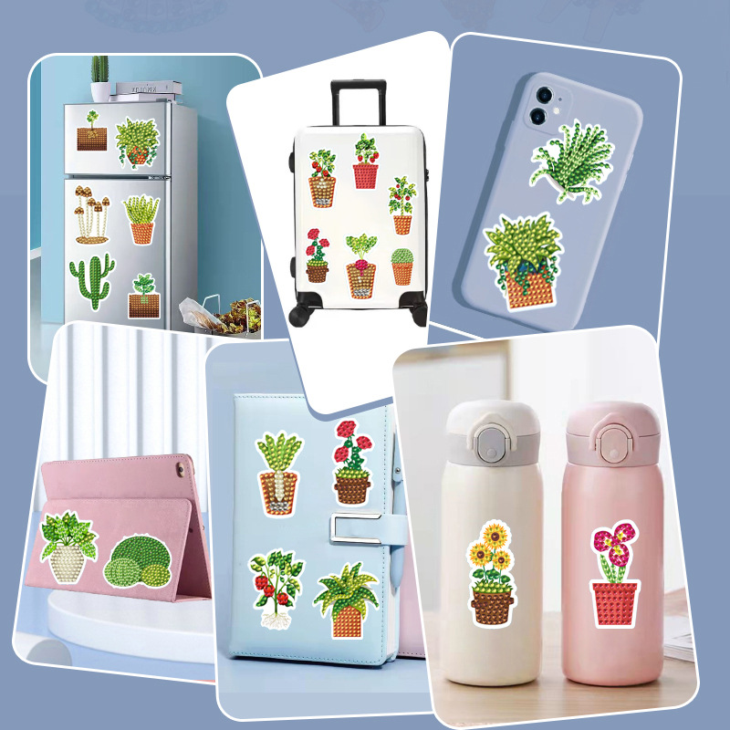 Venta caliente cactus planta en maceta diamante pintura libre pegatinas DIY pegatinas de pared pegatinas hechas a mano 5d cristal brillante diamante