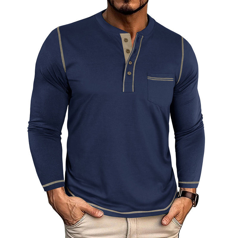 ヨーロッパとアメリカのラウンドネック紳士服秋と冬のタフガイレトロヘンリーポケットTシャツ長袖外国貿易メンズボトムスコントラストカラー老人シャツ|undefined