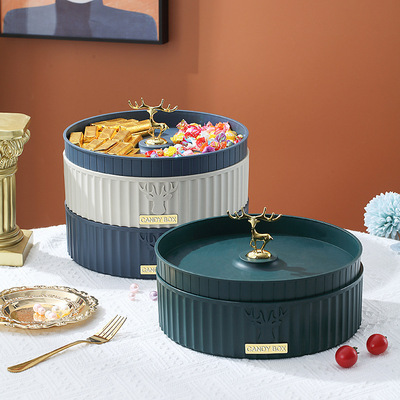 新款果盘轻奢创意零食盘子家用客厅双层旋转分格干果盘带盖