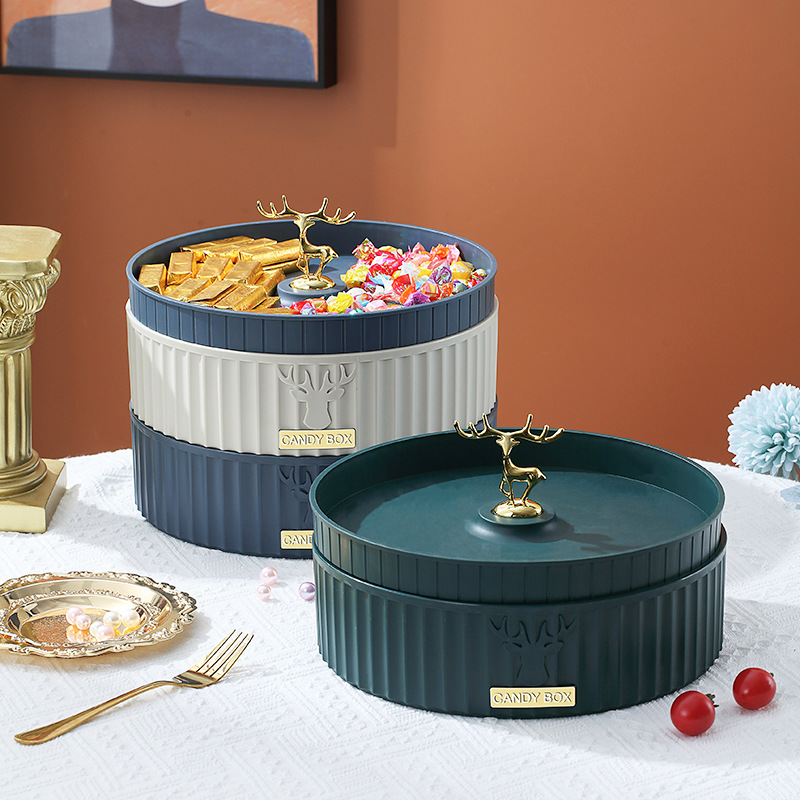 新款果盘轻奢创意零食盘子家用客厅双层旋转分格干果盘带盖