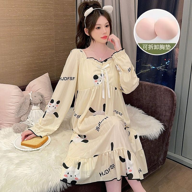 Venta al por mayor transfronteriza otoño nuevo estilo con almohadilla para el pecho imitación algodón camisón de manga larga pijama de estilo princesa de dibujos animados dulce servicio a domicilio femenino