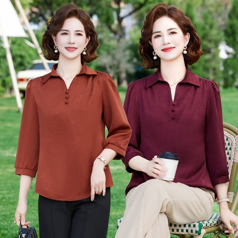 Женская одежда 2025, рубашка весна-осень, новый стиль, свободные топы для женщин среднего и пожилого возраста, модные рубашки с принтом для пожилых