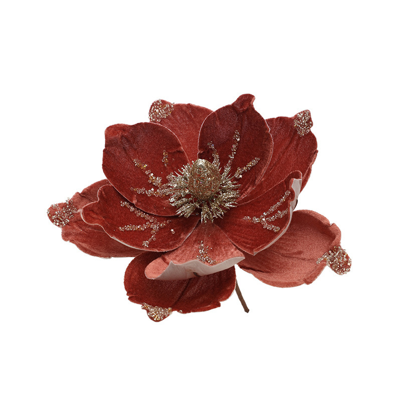 新品24CM粘粉植绒圣诞花玉兰花高档轻奢布艺圣诞节装饰品仿真花|undefined