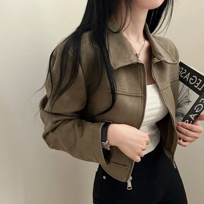 Cross-Border American Retro Zipper Jacket for Women with Unique Design, 2026 New Style, Short Long-Sleeve Cardigan with Turn-Down Collar