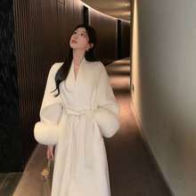 2024秋冬装新款名媛气质双面羊绒大衣女长款狐狸毛袖风衣毛呢外套