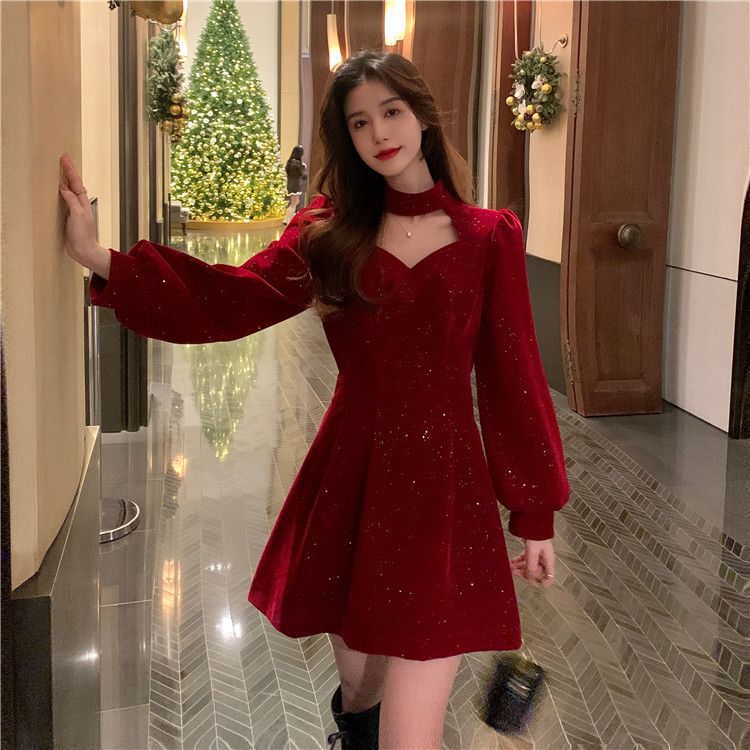 Christmas Red Glitter Velvet Dress for Women 2025 Women's New Elegant Annual Party Autumn and Winter Dress Slimming Look Skirt