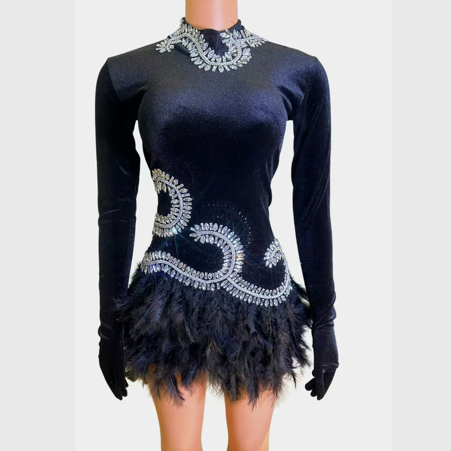 New elegant black velvet feather rhinestone slim-fit dress for ladies' parties, balls, art photoshoots, and stage performances