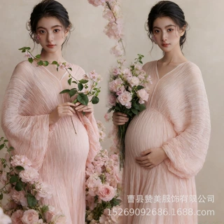影楼新款新中式复古唯美风粉色连衣裙氛围感大肚照孕妈咪写真衣服