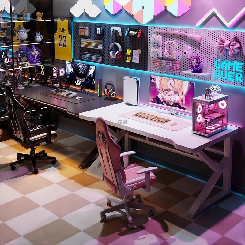 Double Gaming Desk for Home Use, Desktop Gaming Table, Workstation, Bedroom Long Desk, Couple's Side-By-Side Computer Desk Set