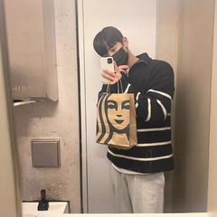 韩系半拉链立领针织卫衣男条纹宽松长袖罩衫美式中高领羊毛衫外套