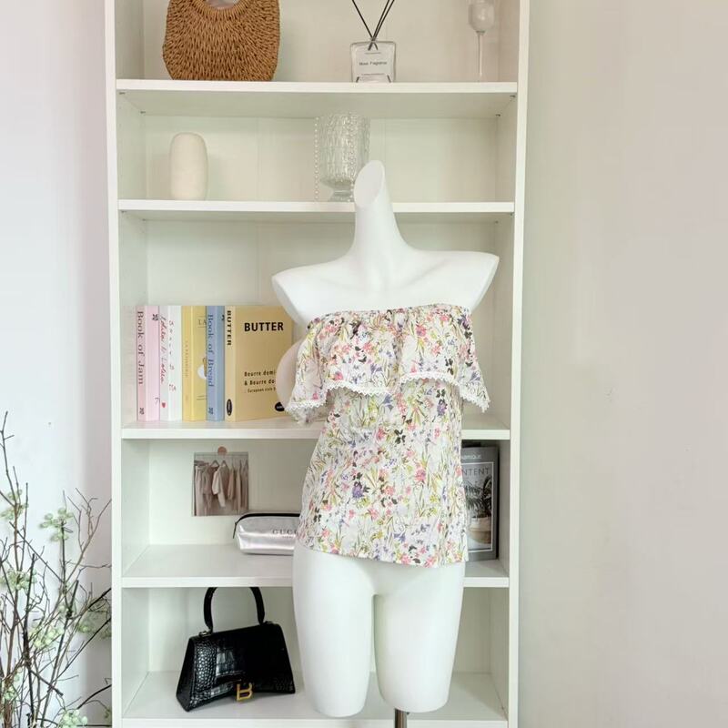 Monday 7.3/10:00Am Dream Summer Flower Pure Cotton Handmade Beaded Lace One Shoulder Top