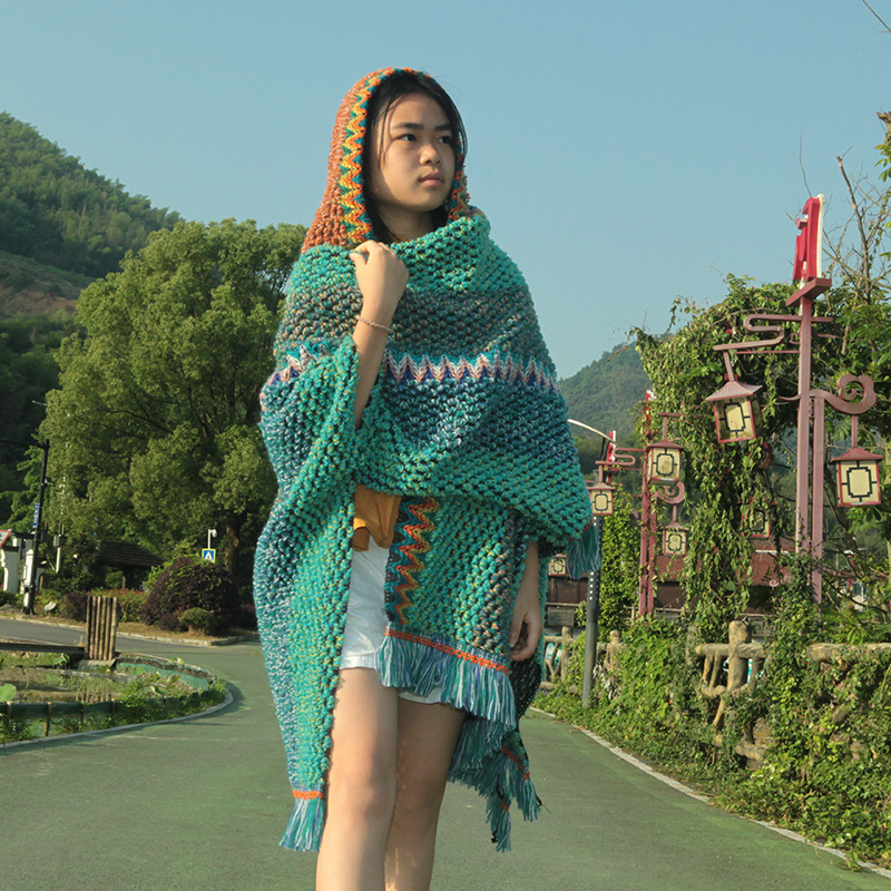 52跨境新品云南民族风披肩针织斗篷开衫彩色外搭旅游拍照现货工厂