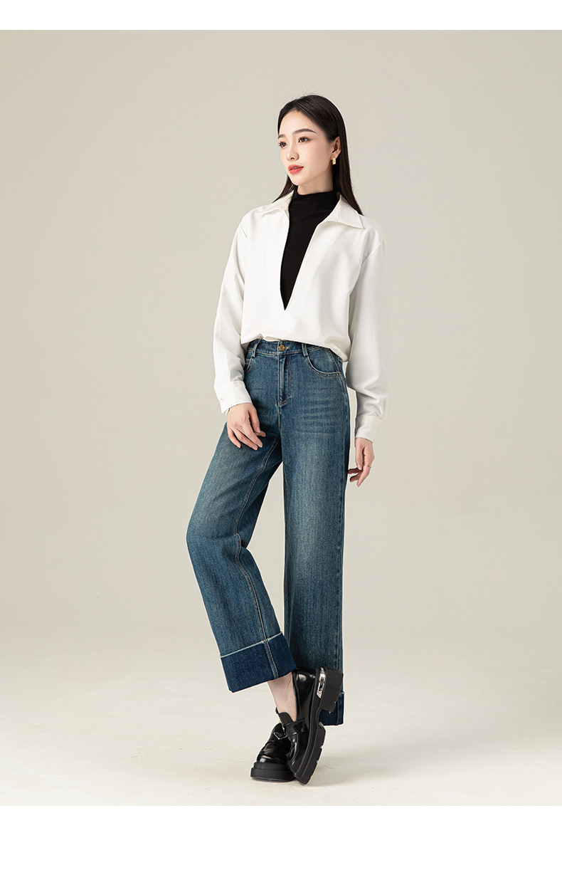Quần jean ống đứng cạp cao Xinge chất Tencel mềm rủ, gấu gập cho nữ dáng nhỏ — Xanh đá quý chi tiết 22