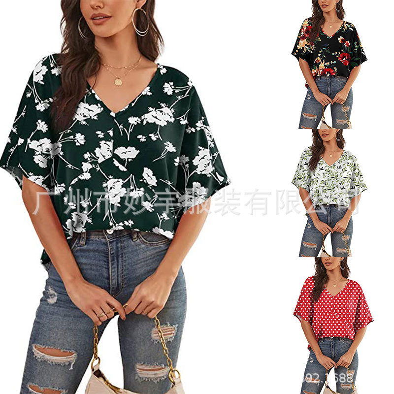 922 Amazon Hot Sale Women's Floral Chiffon Shirt V-Neck Bat Wing Short Sleeve Summer Top Shirt
