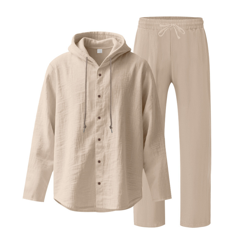 Men's Casual Breathable Linen Hooded Long Sleeve Shirt Cardigan Spring Summer Style Loose Fit Set_viptrois.com