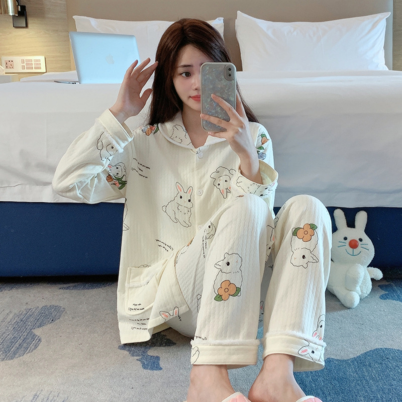 Japonés de dibujos animados pijamas las mujeres del otoño y el invierno Nuevo Aire sándwich algodón manga larga cardigan más tamaño flojo traje homewear