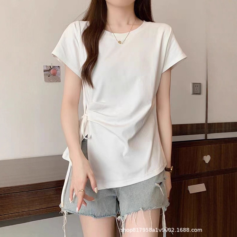 ミルクイエローの右肩半袖Tシャツ女性用2025夏大きいサイズファットmmウエスト不規則な巨大痩身パーソナライズトップ|undefined