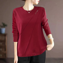 New round neck button irregular base shirt for women with long sleeves slim fit and slim and fashionable versatile middle-aged and elderly tops