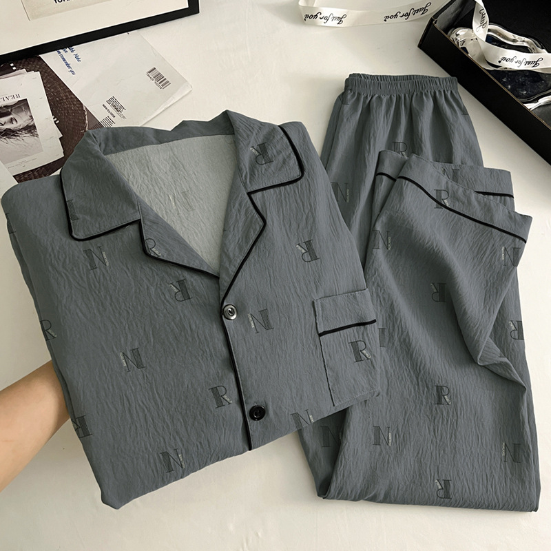 Spring and Autumn Ins Korean Version Men's Casual Simple Cloud Cotton Pajamas Homewear Long Sleeve Long Pants Set Real Shot Wholesale