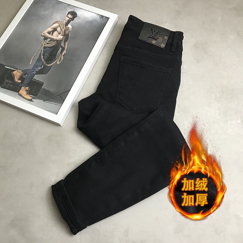 2024 New fleece-lined Outer Wear Jeans Men's American Style High Street Tapered Casual All-match Washed Black Trousers