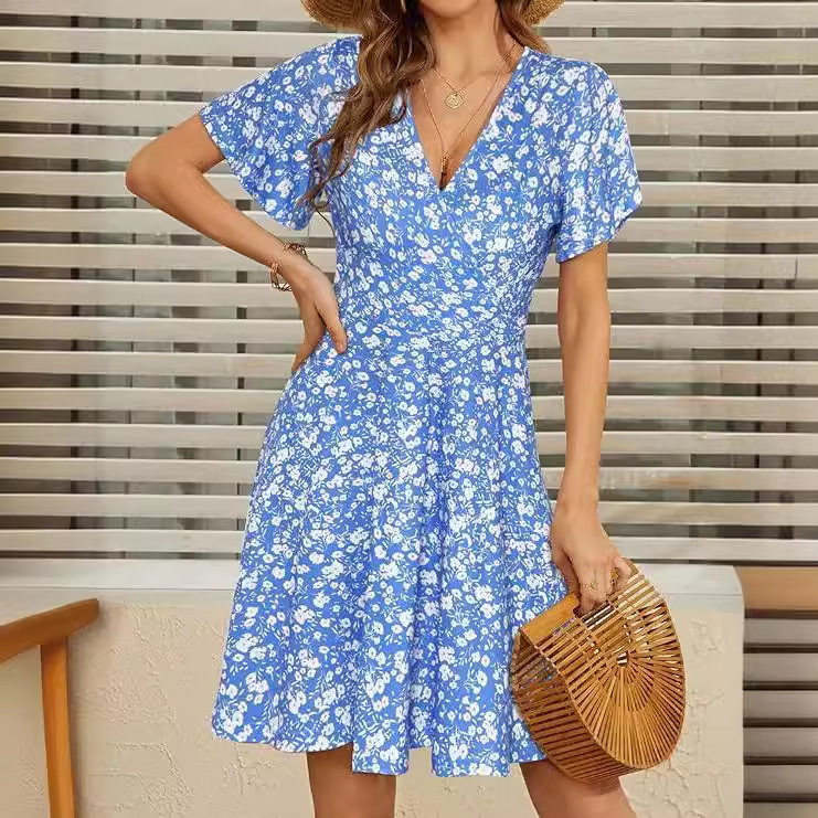 European and American Cross-Border 2025 Women's Summer Dress Floral Short-Sleeved Wrap V Neck A-Line Midi Dress
