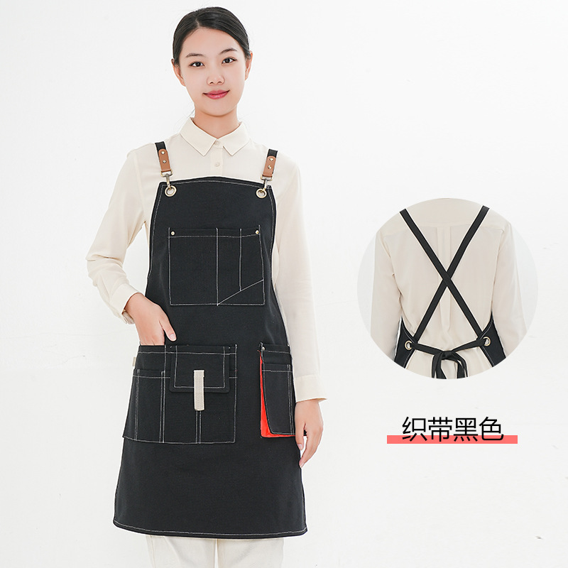 Amazon grueso delantal de lona cinturón de cinta opcional multi-Bolsillo cafetería Barber monos delantal por mayor