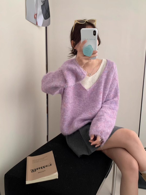 韩系假两件慵懒风针织上衣女时尚减龄拼色温柔软呼呼百搭套头毛衣|undefined
