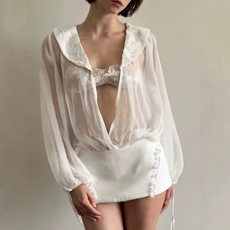 Vietnamese Niche Design Doubleb* Z2026 Pure Desire Style Sheer Lace Doll Collar Waist-Cinching Short Dress Vietnamese Niche Design Doubleb* Z2026 Pure Desire Style Sheer Lace Doll Collar Waist-Cinching Short Dress