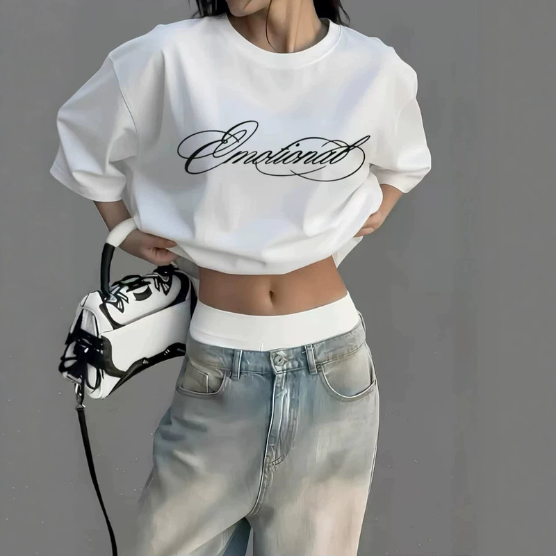 Summer Russian Print T-Shirt Casual Versatile Loose Simple Fashionable Stylish Short-Sleeve Round Neck Half-Sleeve Top
