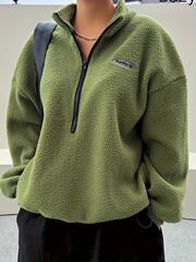 跨境Women's Letter Patched Half Zip Fuzzy Sweatshirt Casual