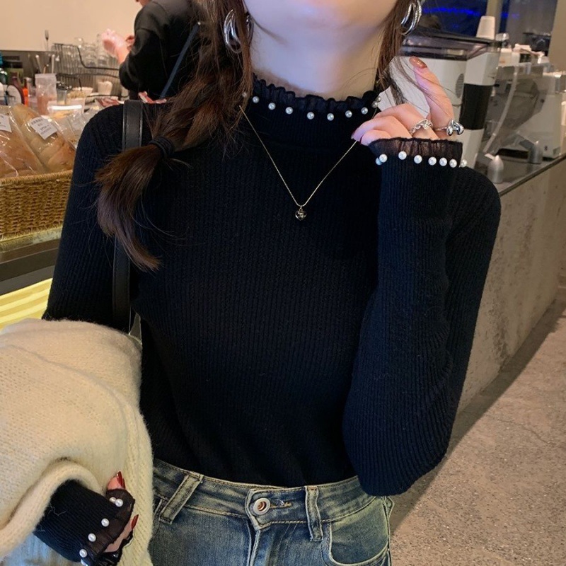 新中国式小真珠半高襟セーター秋冬デザイン感修身レースの底のシャツの女性の中にニットの長袖を掛けます。