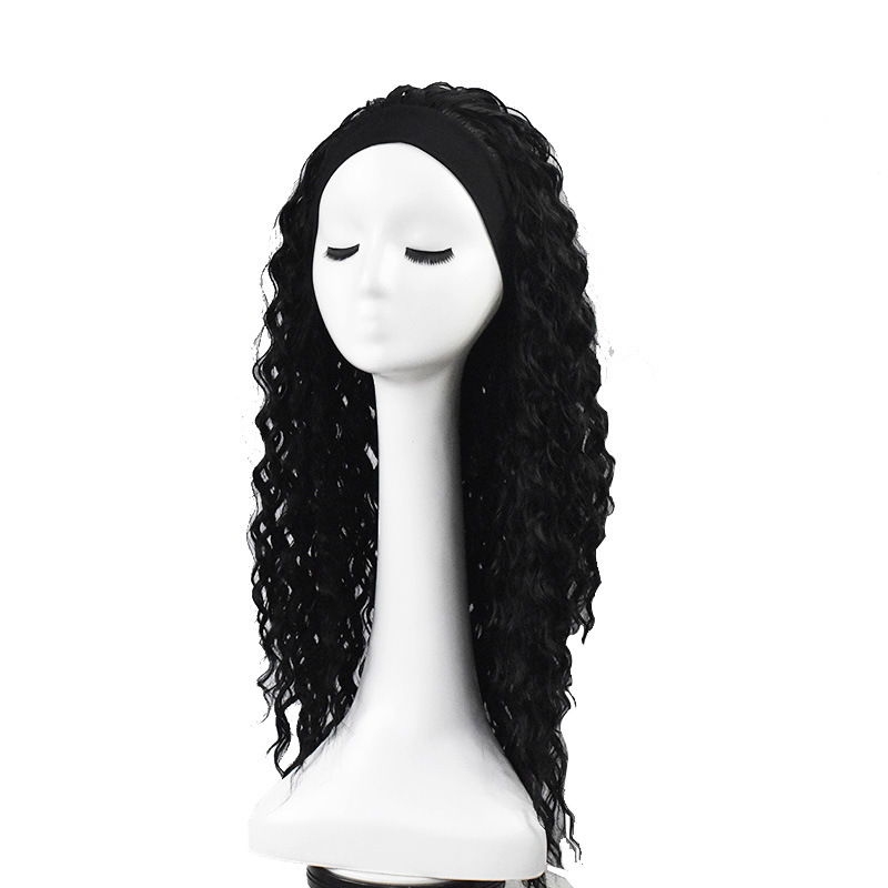 wig European and American women's headband wig chemical fiber hand wrapped tube small curly hair turban wig black hair band wig head cover